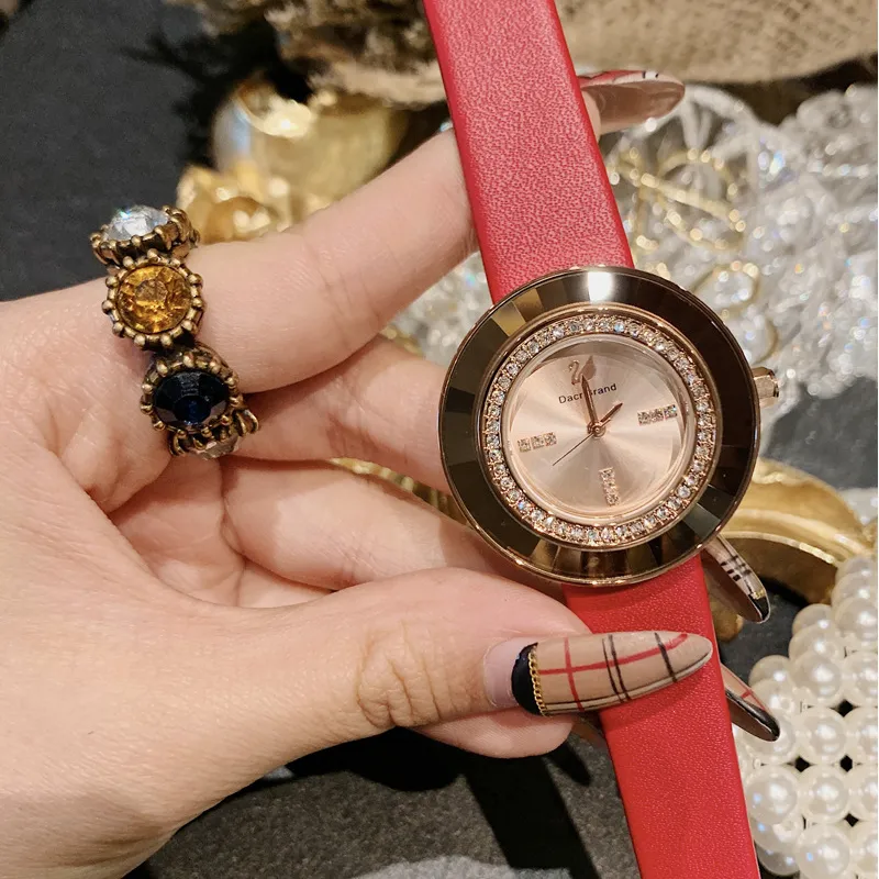 Rhinestone-studded Leather Strap Women's Watch