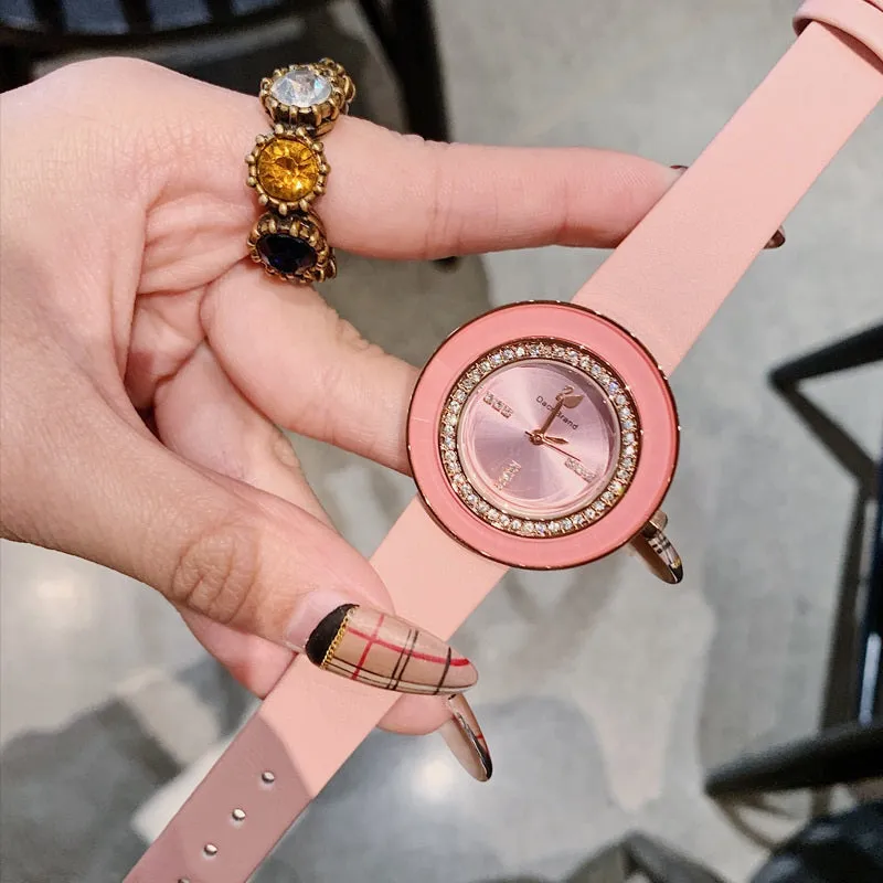 Rhinestone-studded Leather Strap Women's Watch