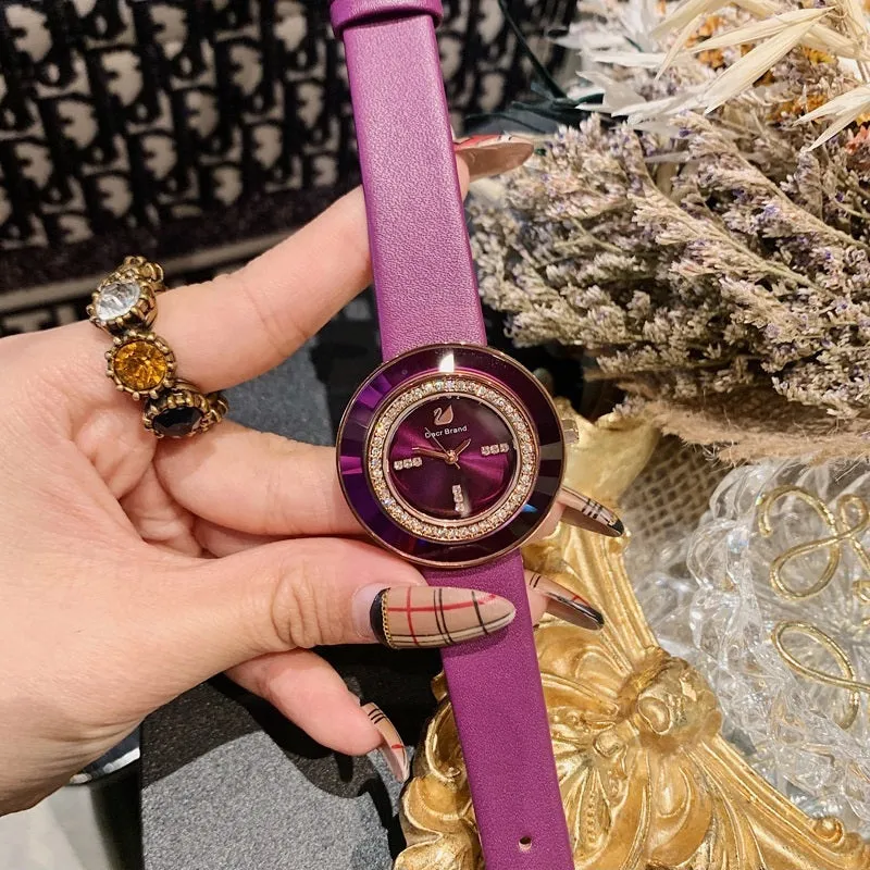 Rhinestone-studded Leather Strap Women's Watch