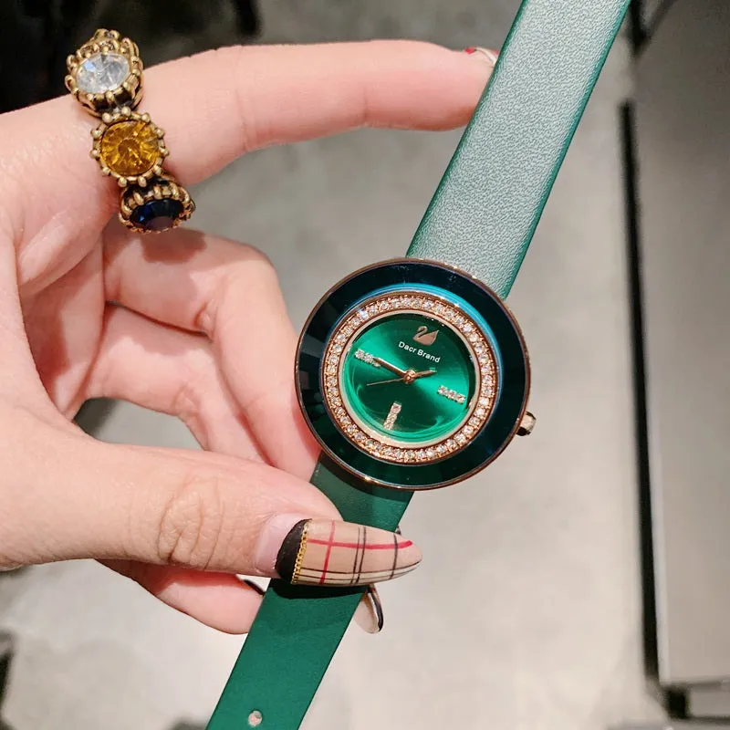 Rhinestone-studded Leather Strap Women's Watch