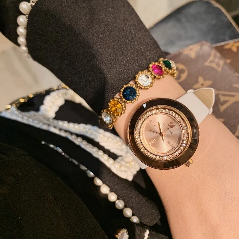 Rhinestone-studded Leather Strap Women's Watch