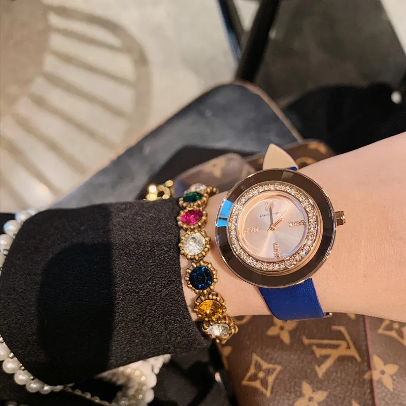 Rhinestone-studded Leather Strap Women's Watch