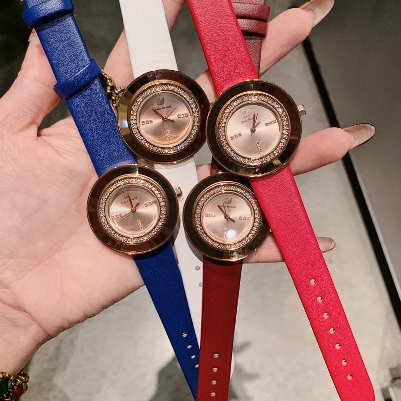 Rhinestone-studded Leather Strap Women's Watch