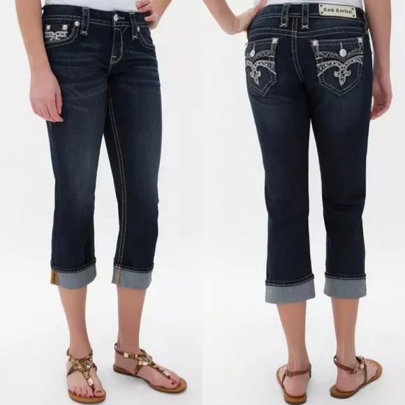 Rock Revival &quot;Maisky&quot; Easy Capri Cropped Blue Jeans Y2K Bling | Women's Size 27