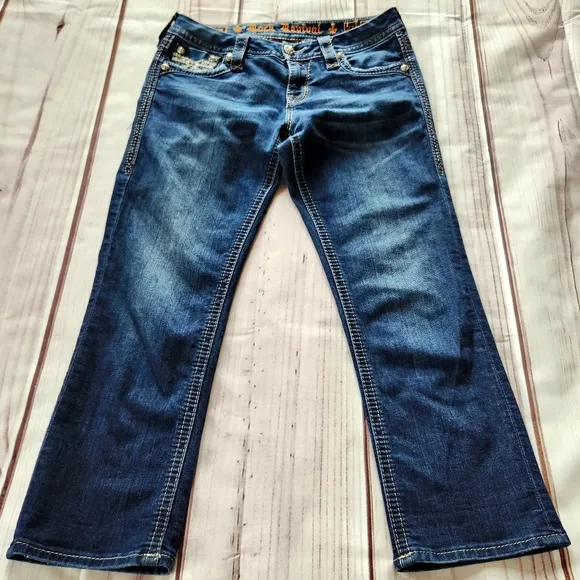 Rock Revival &quot;Maisky&quot; Easy Capri Cropped Blue Jeans Y2K Bling | Women's Size 27