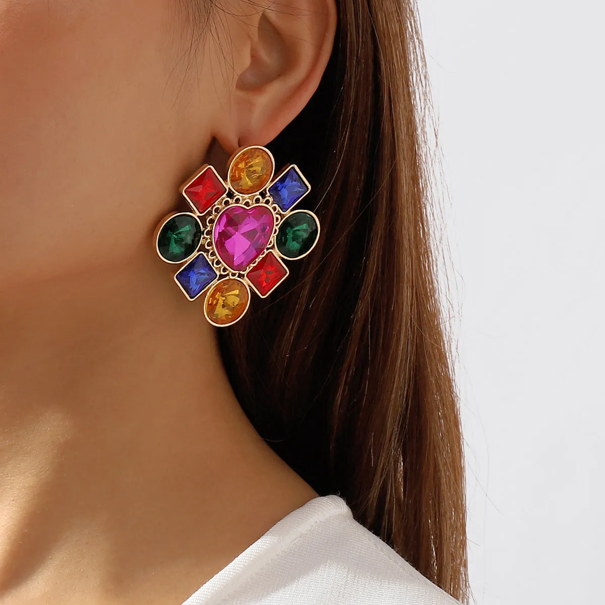 Rose Multicolor Crystal & 18K Gold-Plated Heart Stud Earring
