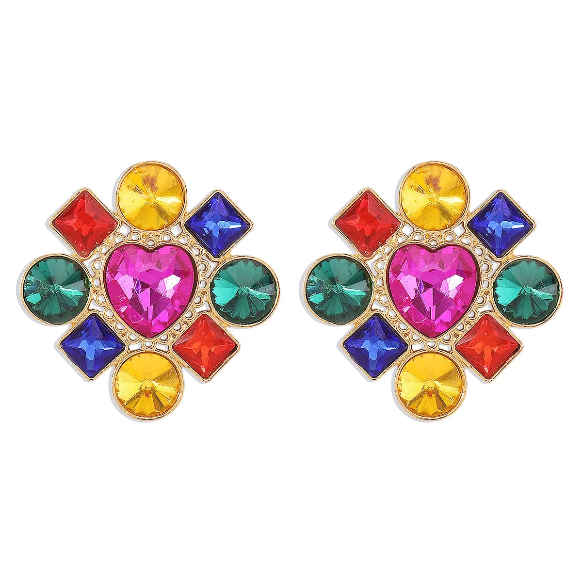Rose Multicolor Crystal & 18K Gold-Plated Heart Stud Earring