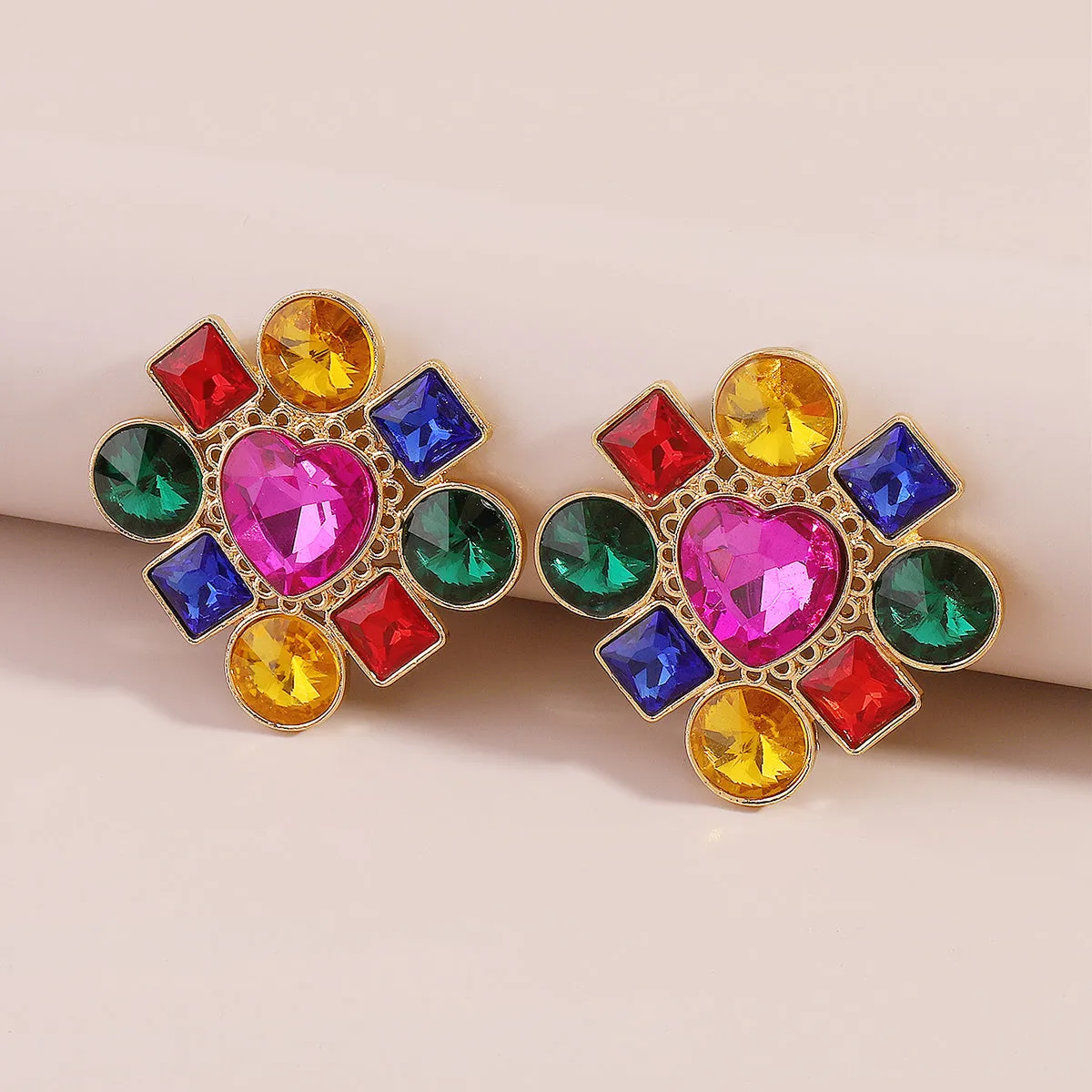 Rose Multicolor Crystal & 18K Gold-Plated Heart Stud Earring