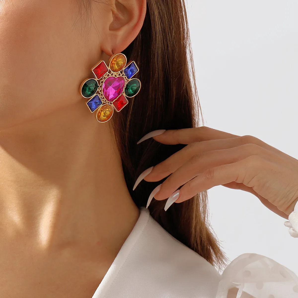 Rose Multicolor Crystal & 18K Gold-Plated Heart Stud Earring