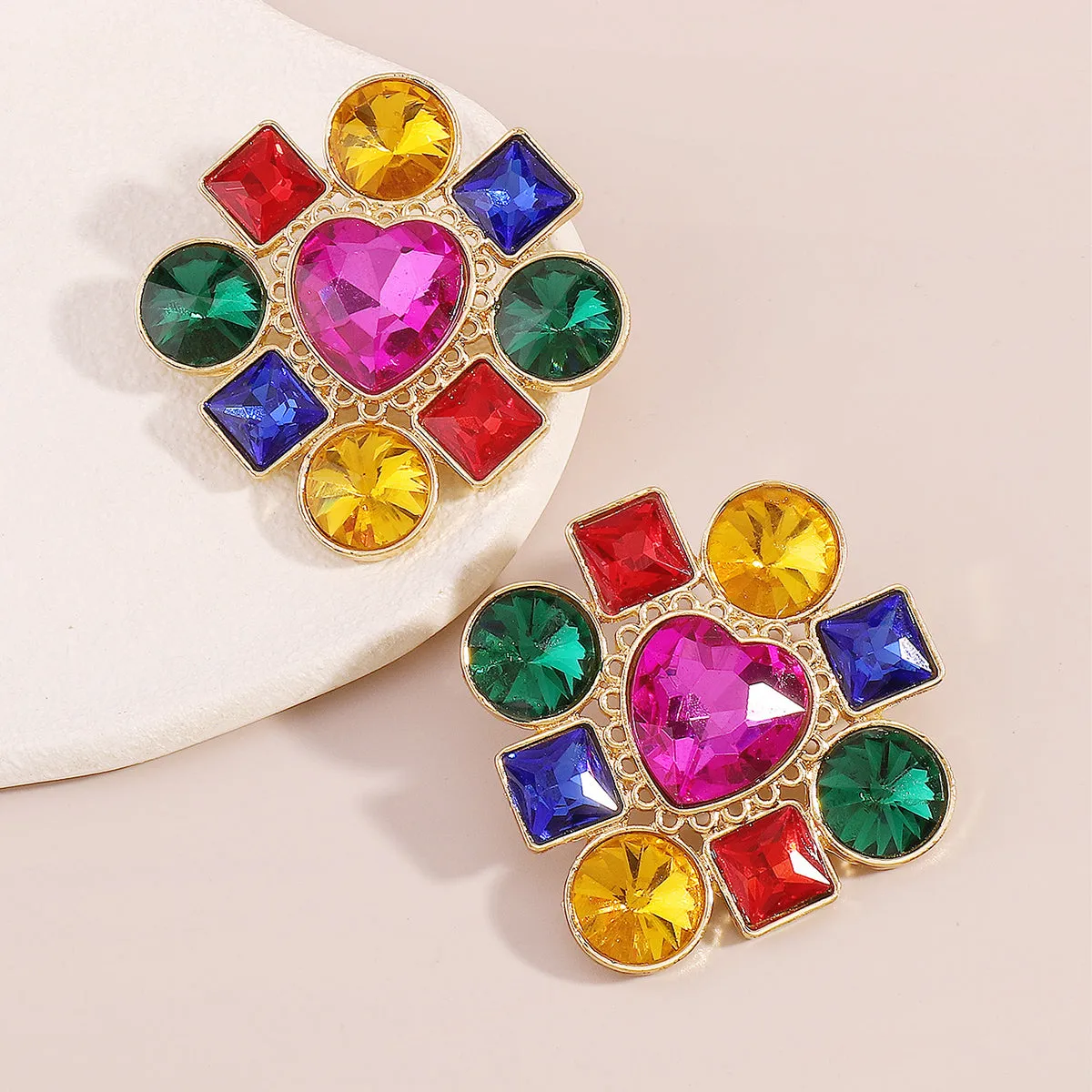 Rose Multicolor Crystal & 18K Gold-Plated Heart Stud Earring