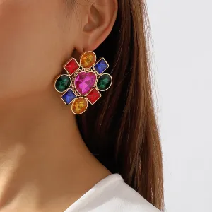 Rose Multicolor Crystal & 18K Gold-Plated Heart Stud Earring
