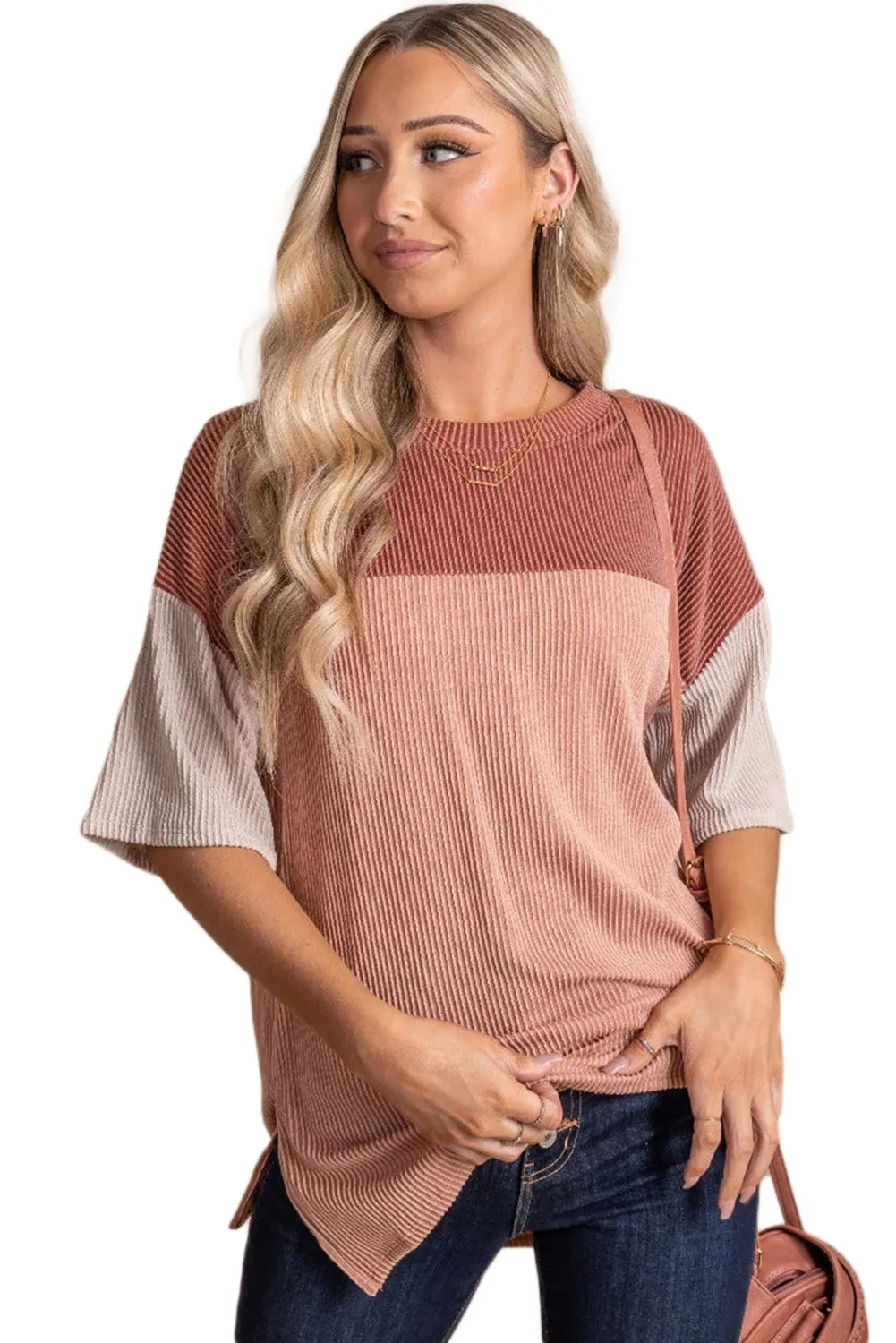 Rose Pink casual-friday-ribbed-color-block-top
