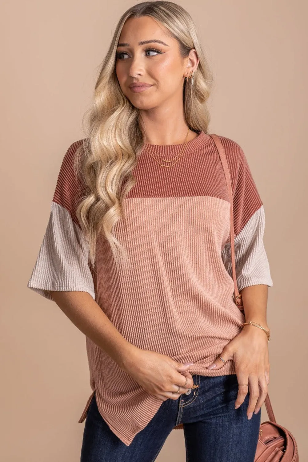 Rose Pink casual-friday-ribbed-color-block-top