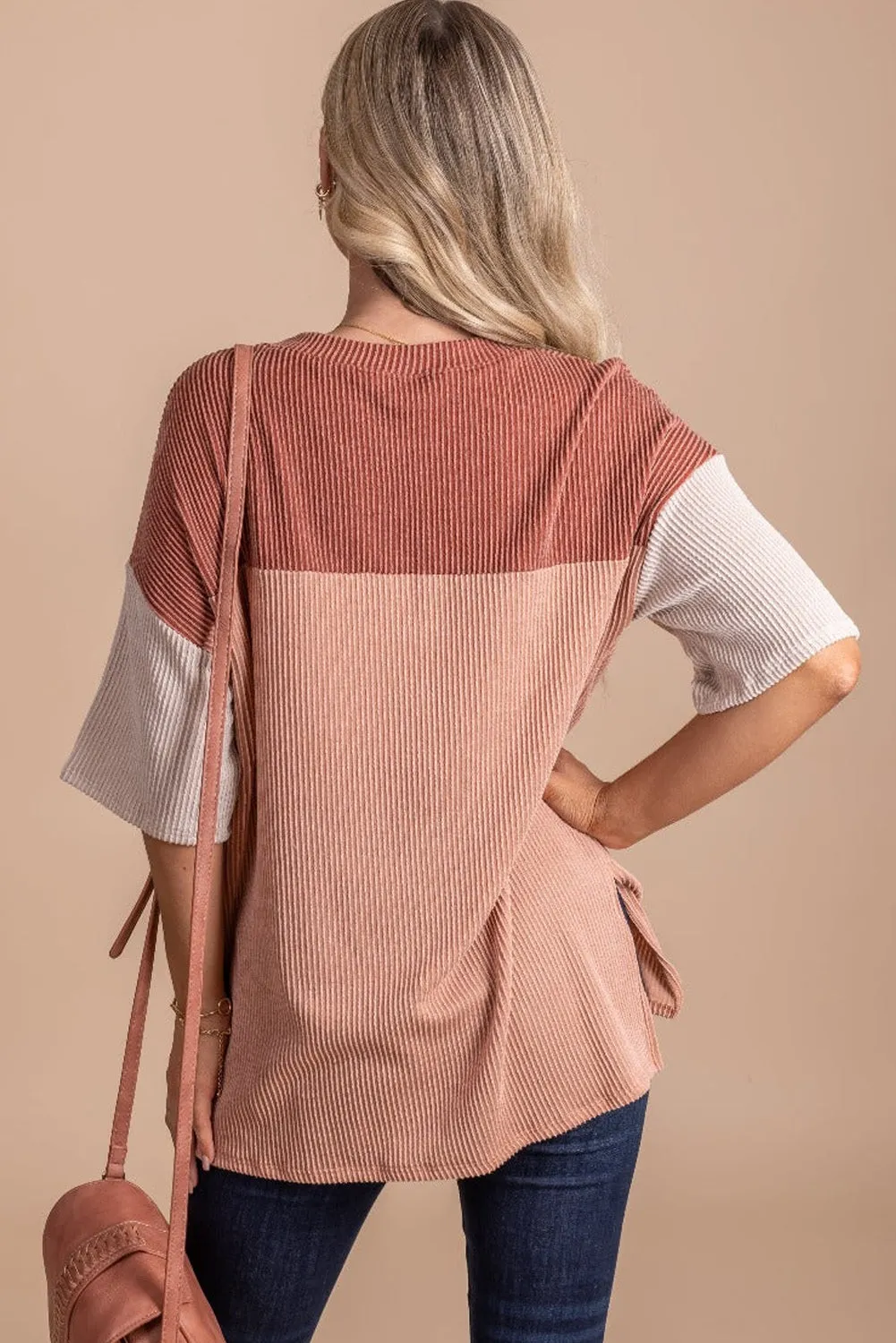 Rose Pink casual-friday-ribbed-color-block-top