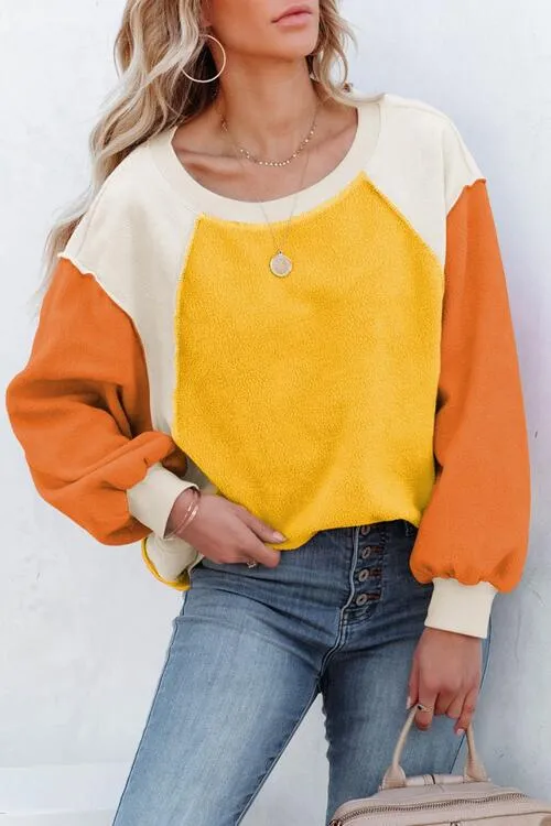 Round Neck Dropped Shoulder Color Block Sweatshirt (2 Colors)