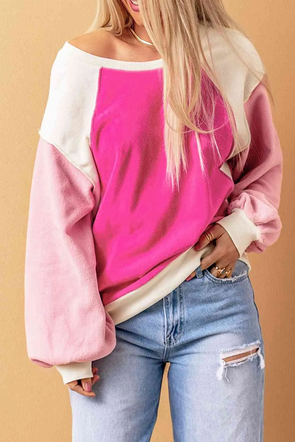 Round Neck Dropped Shoulder Color Block Sweatshirt (2 Colors)