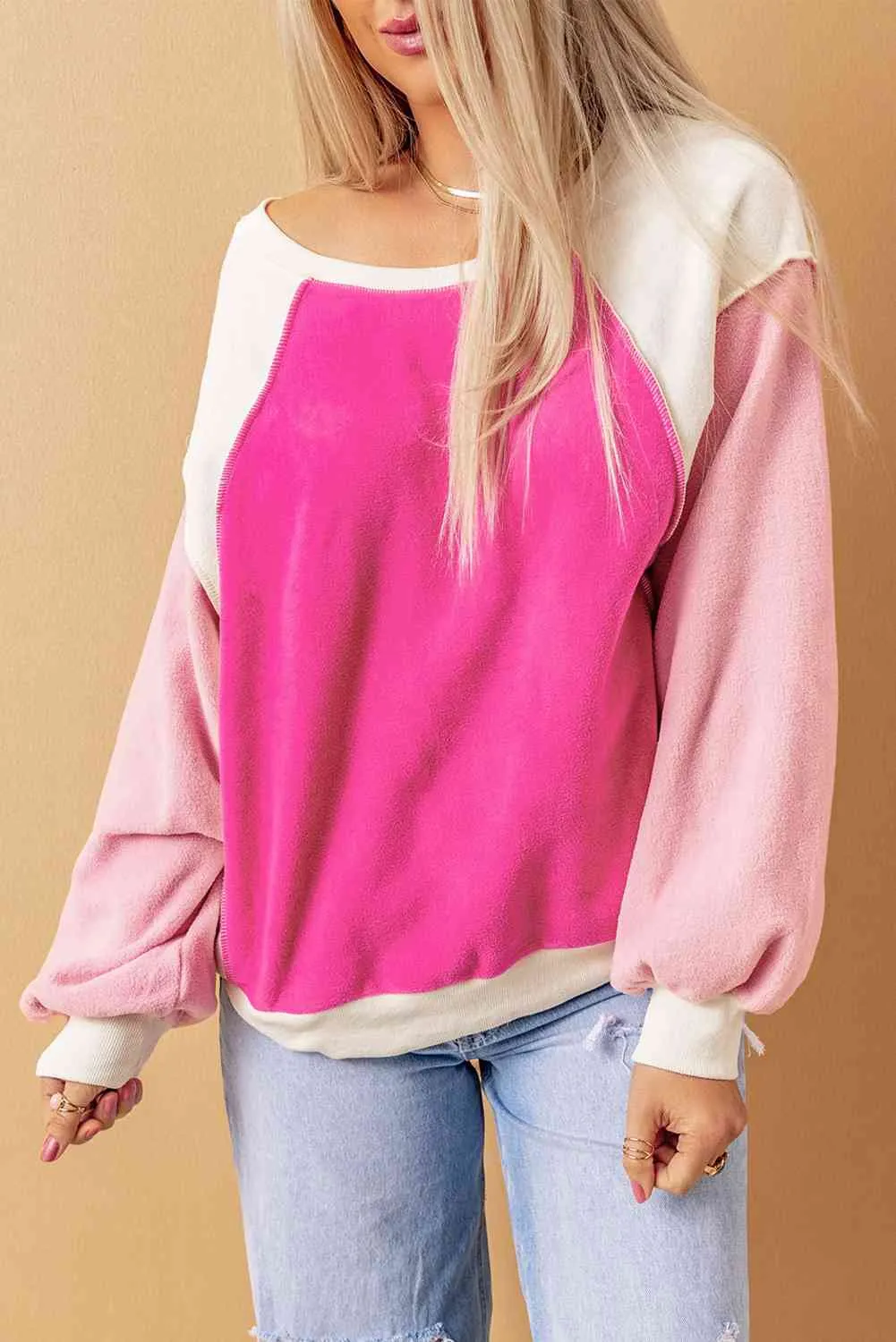 Round Neck Dropped Shoulder Color Block Sweatshirt (2 Colors)