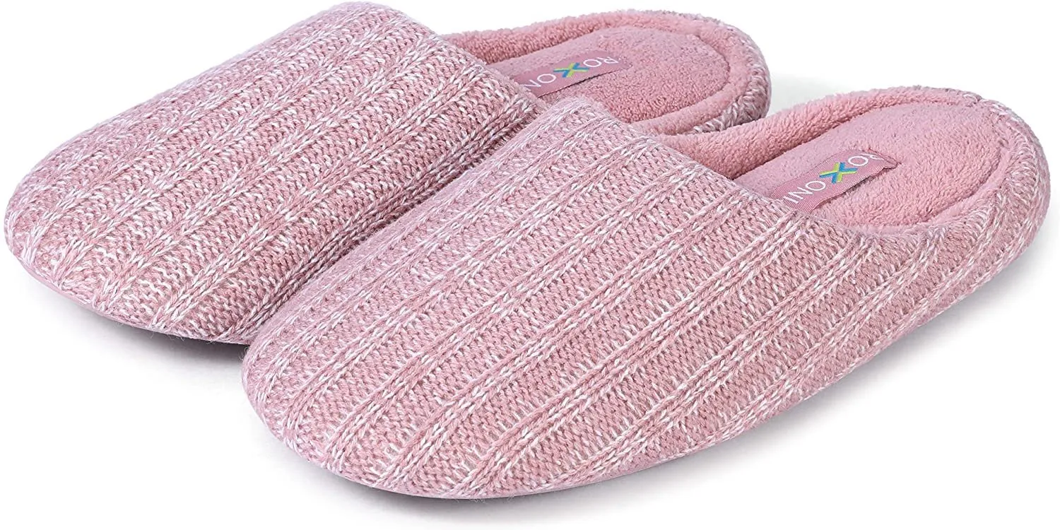Roxoni Women’s Cozy Knit Memory Foam Slippers, Fleece Lined, Indoor Outdoor Rubber Sole