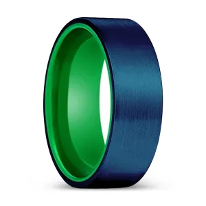 RUVEN | Green Ring, Blue Tungsten Ring, Brushed, Flat