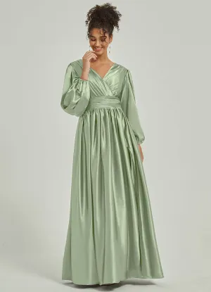 Sage Green Satin 3/4 Long Slit Sleeve V-Neck Slit Pleated Bridesmaid Dress