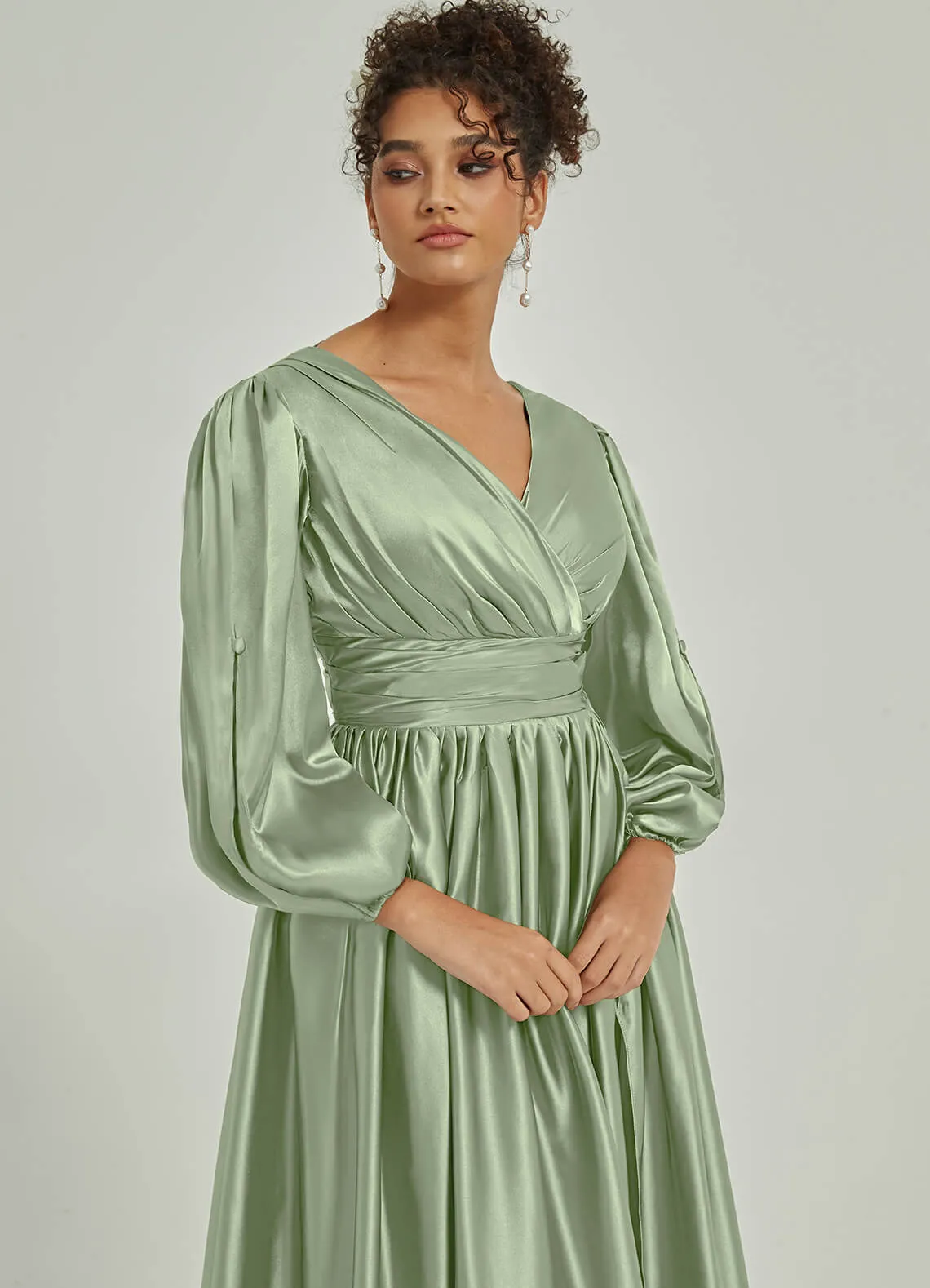 Sage Green Satin 3/4 Long Slit Sleeve V-Neck Slit Pleated Bridesmaid Dress