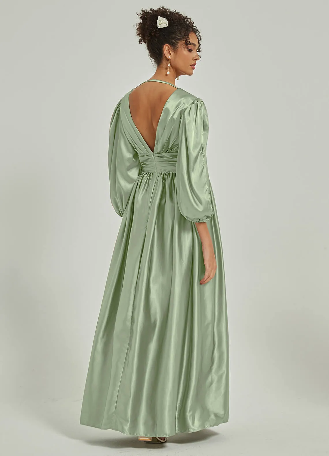 Sage Green Satin 3/4 Long Slit Sleeve V-Neck Slit Pleated Bridesmaid Dress