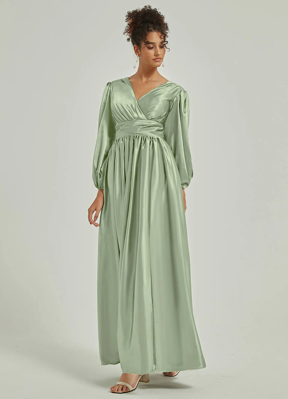 Sage Green Satin 3/4 Long Slit Sleeve V-Neck Slit Pleated Bridesmaid Dress