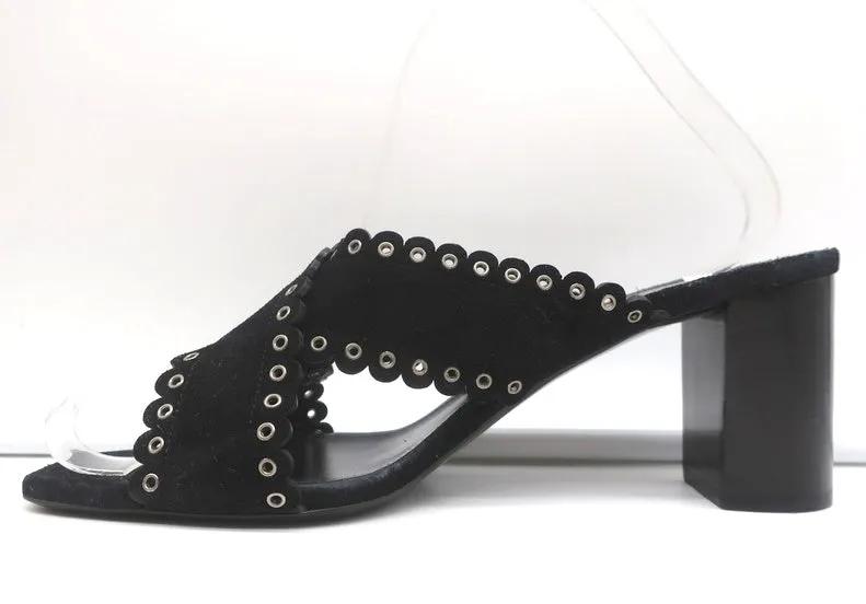 Saint Laurent Loulou Slide Sandals Black Eyelet-Trim Suede Size 39.5 High Heel
