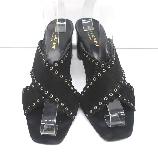 Saint Laurent Loulou Slide Sandals Black Eyelet-Trim Suede Size 39.5 High Heel