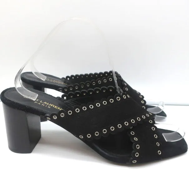 Saint Laurent Loulou Slide Sandals Black Eyelet-Trim Suede Size 39.5 High Heel