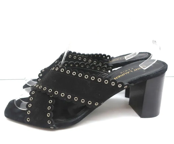 Saint Laurent Loulou Slide Sandals Black Eyelet-Trim Suede Size 39.5 High Heel