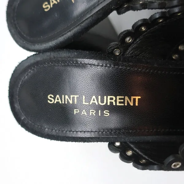 Saint Laurent Loulou Slide Sandals Black Eyelet-Trim Suede Size 39.5 High Heel