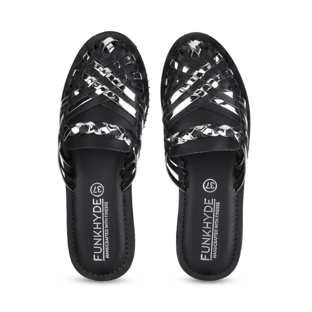 Samurra Black Silver Heeled Huarache Mules - 1.5" Heels