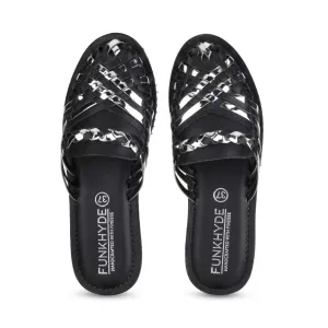 Samurra Black Silver Heeled Huarache Mules - 1.5" Heels
