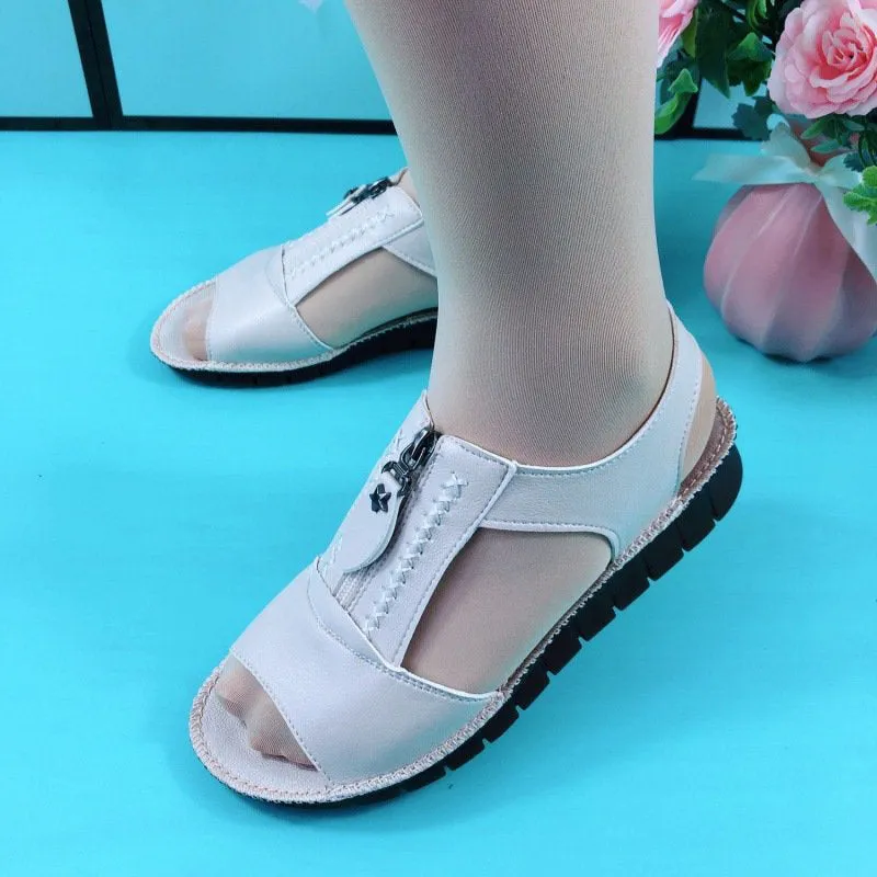Sandals Zipper Flat Soft Pu Leather Sole Comfy Sandalias Summer Casual Mother Shoes Solid Color Chaussure Femme
