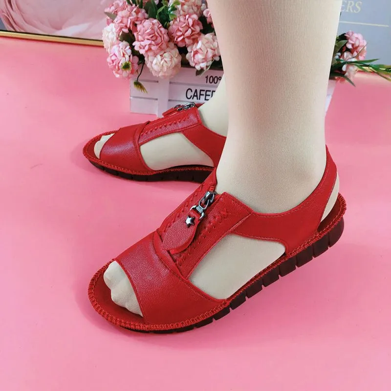 Sandals Zipper Flat Soft Pu Leather Sole Comfy Sandalias Summer Casual Mother Shoes Solid Color Chaussure Femme