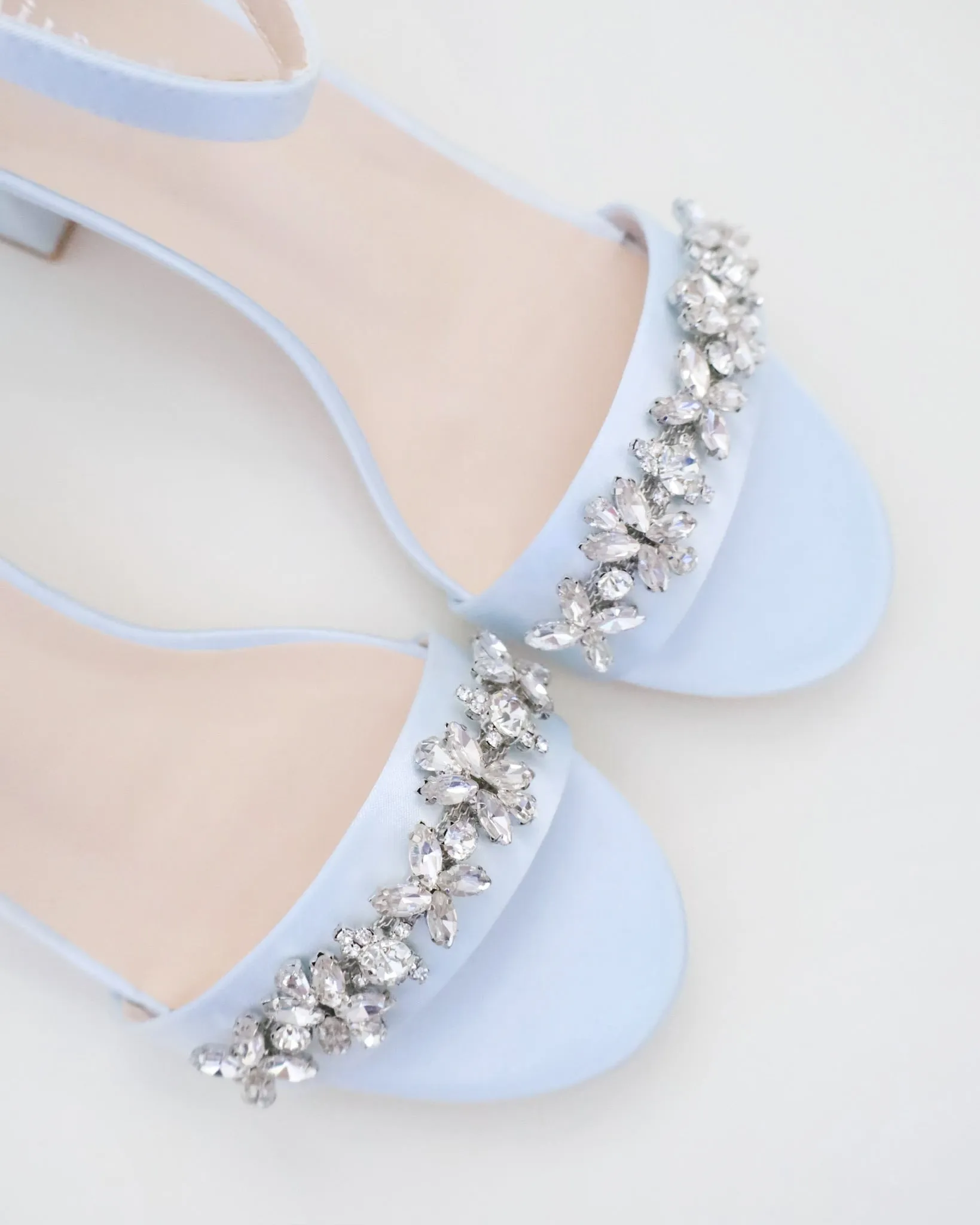 Satin Block Heel Sandals with Floral Rhinestones