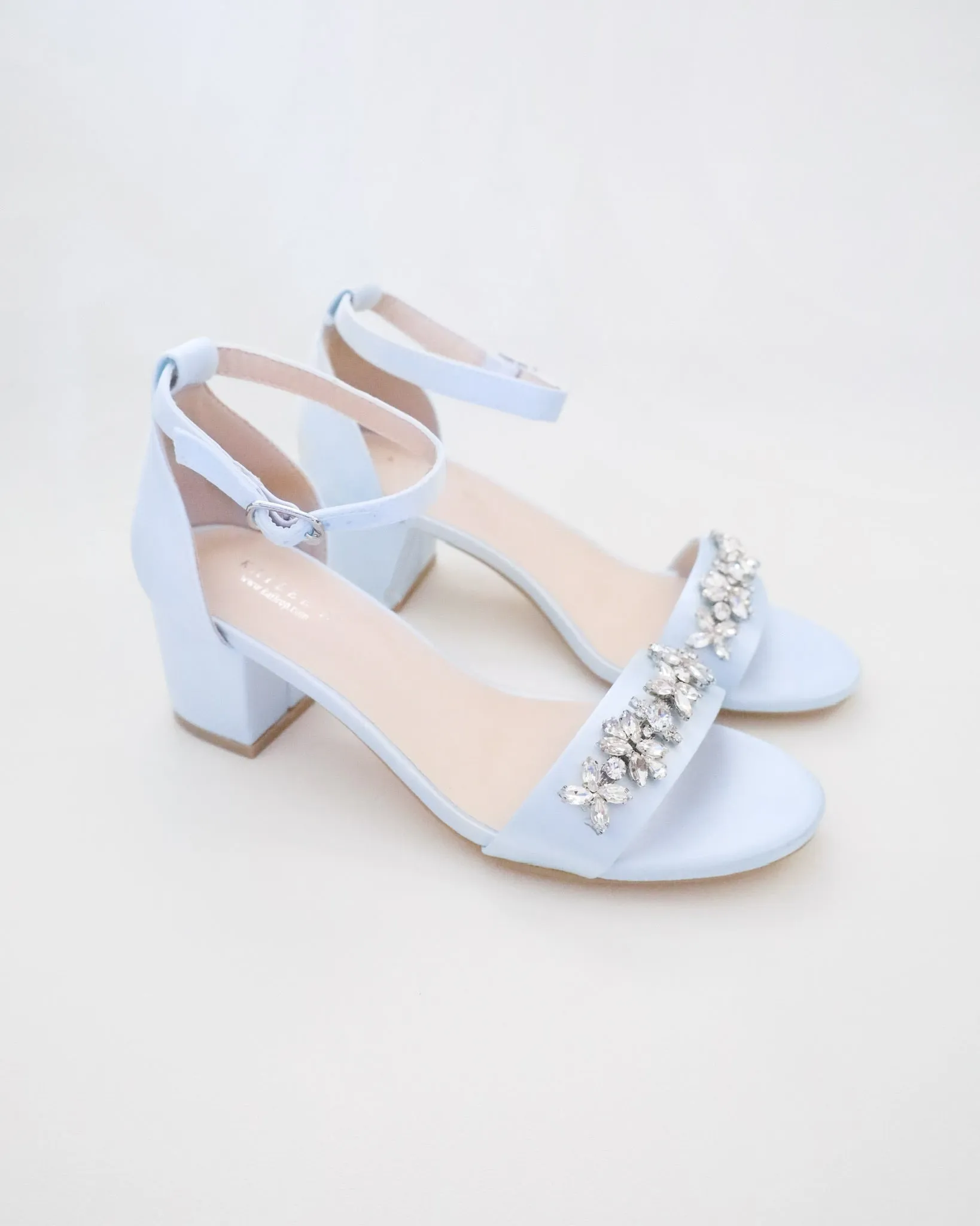 Satin Block Heel Sandals with Floral Rhinestones