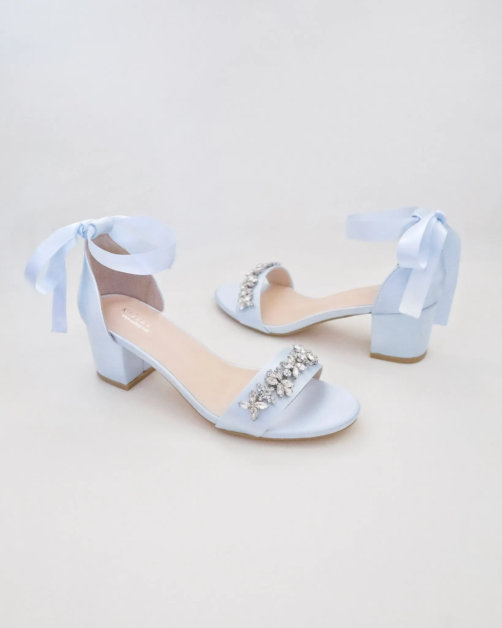 Satin Block Heel Sandals with Floral Rhinestones