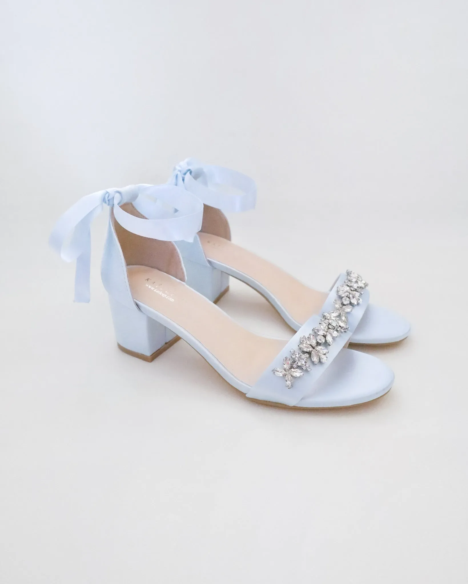 Satin Block Heel Sandals with Floral Rhinestones