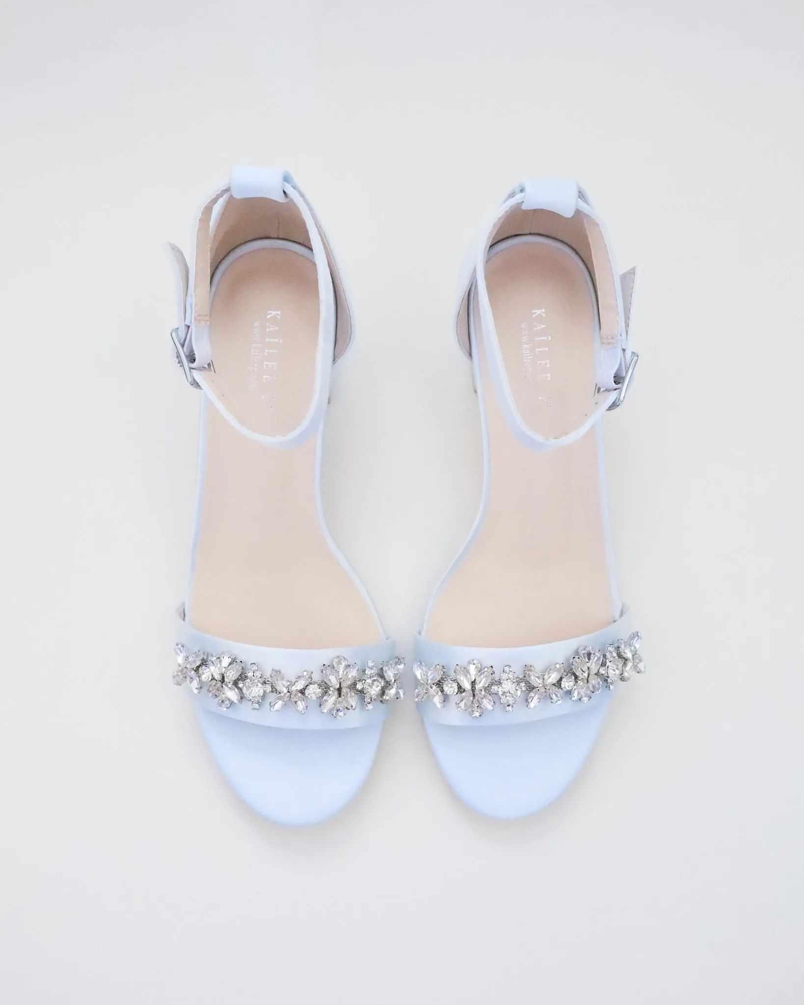 Satin Block Heel Sandals with Floral Rhinestones