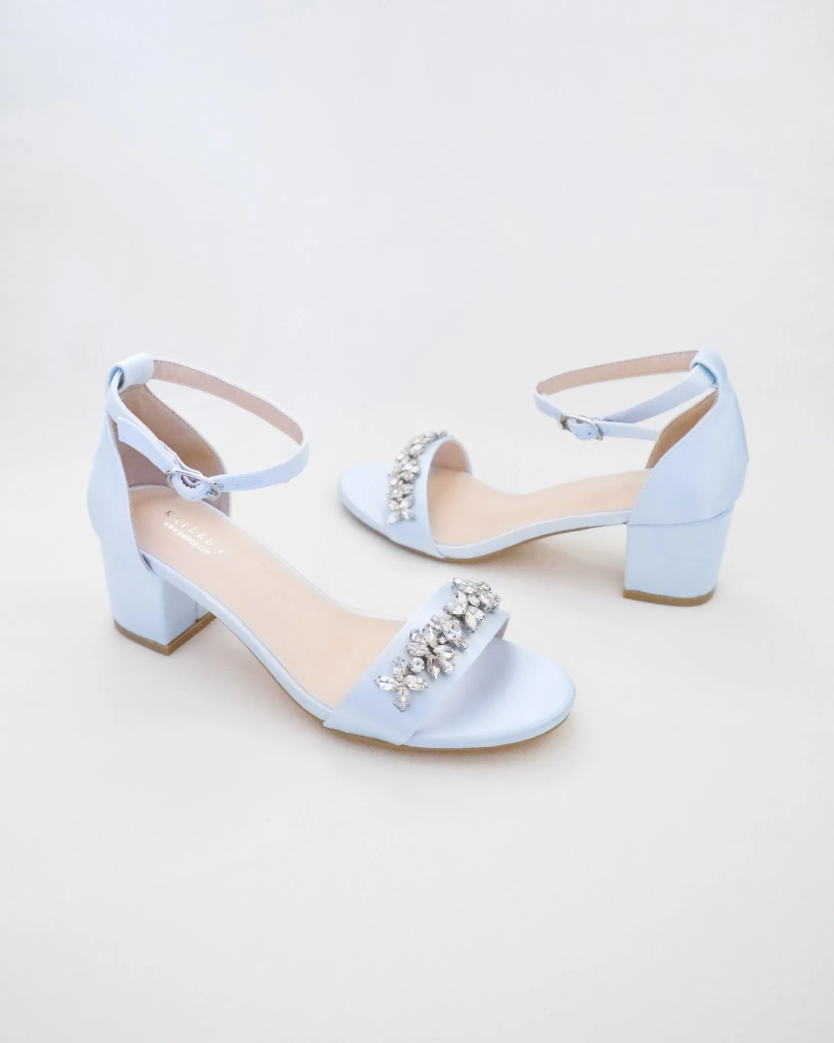 Satin Block Heel Sandals with Floral Rhinestones