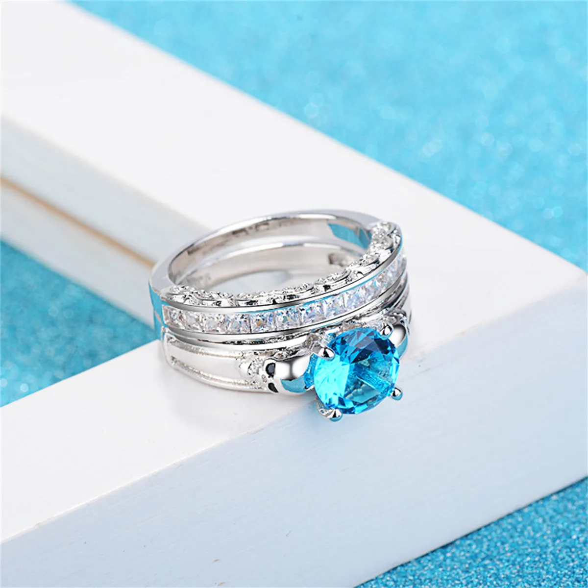 Sea Blue Crystal & Cubic Zirconia Skull Wing Ring Set
