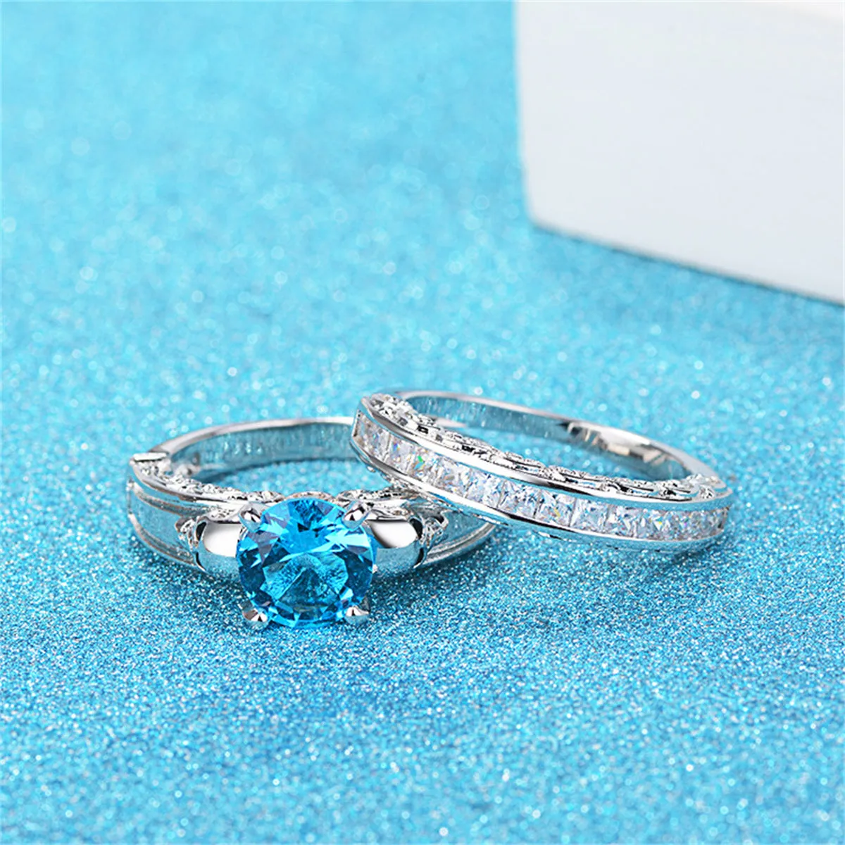 Sea Blue Crystal & Cubic Zirconia Skull Wing Ring Set