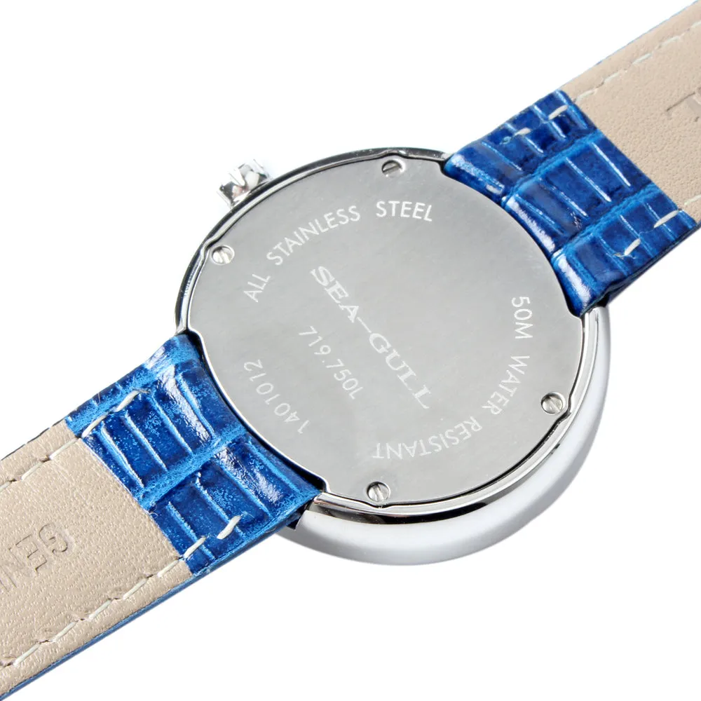 Seagull Rhinestone Bezel Lady Wristwatch Light Blue MOP Dial Hand Wind Small Second Women's Mechanical Watch 719.750L