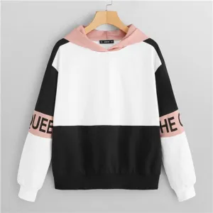 SHEIN Multicolor Elegant Color Block Letter Print Pullovers Hooded
