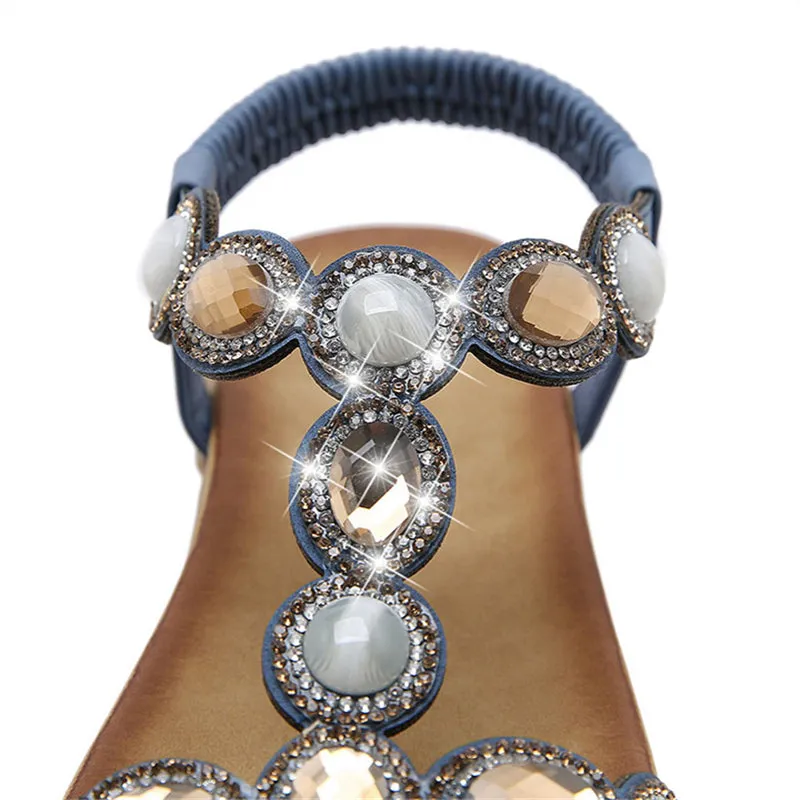 Shiny Rhinestone Bohemian Flat Sandals for Lady