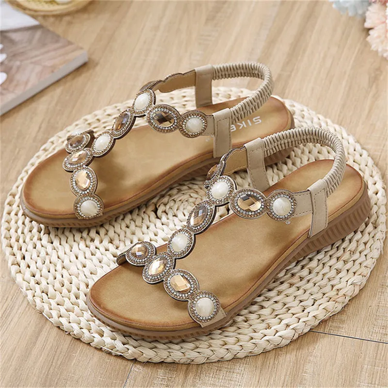 Shiny Rhinestone Bohemian Flat Sandals for Lady
