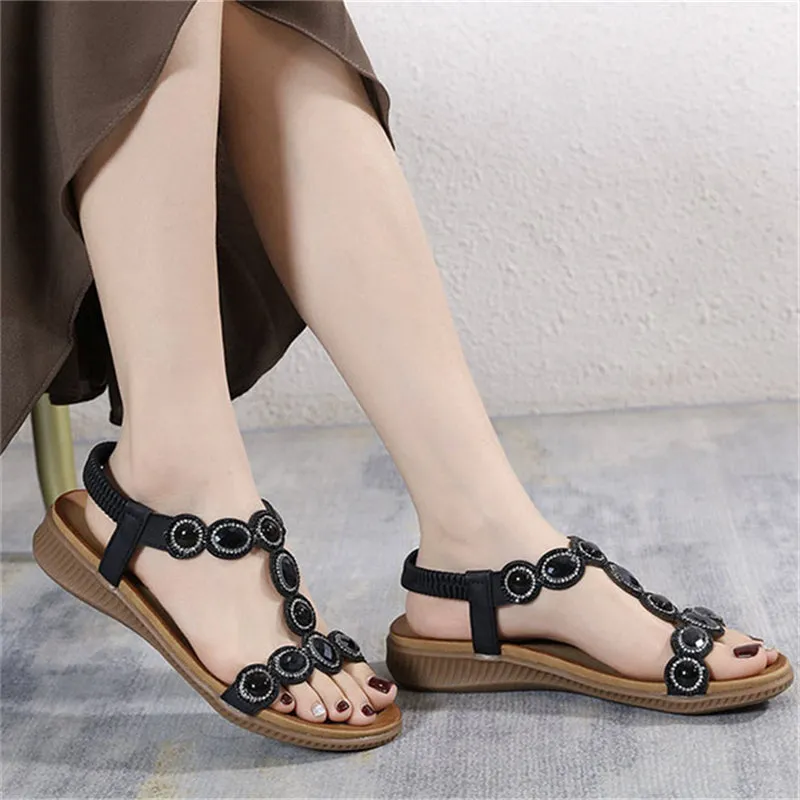 Shiny Rhinestone Bohemian Flat Sandals for Lady