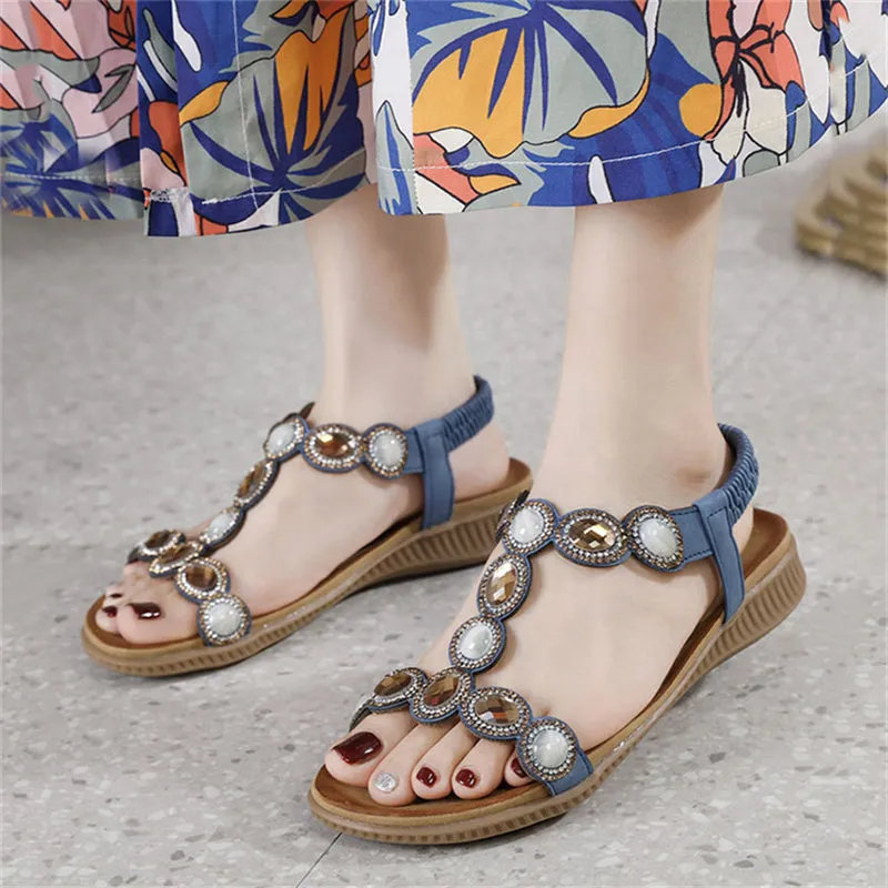 Shiny Rhinestone Bohemian Flat Sandals for Lady